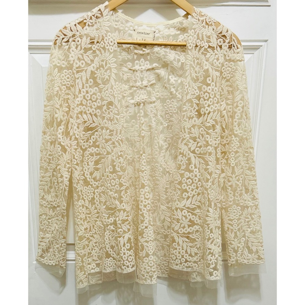 Artelier Nicole Miller Lace Kimono Cardigan Sheer Ivory Open Front Top S‎